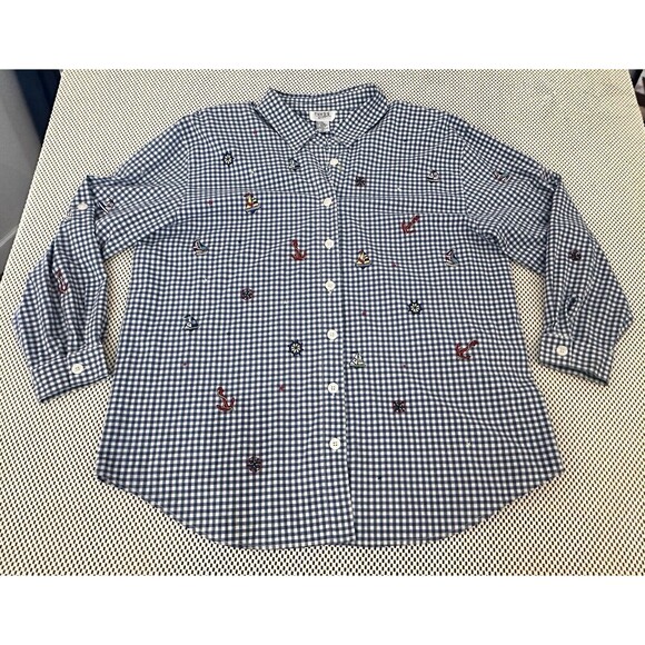 Teddi Tops - VINTAGE Teddi 1X Womens Top Button Shirt 80s Shoulder Pads Sail Boats GRANNYCORE